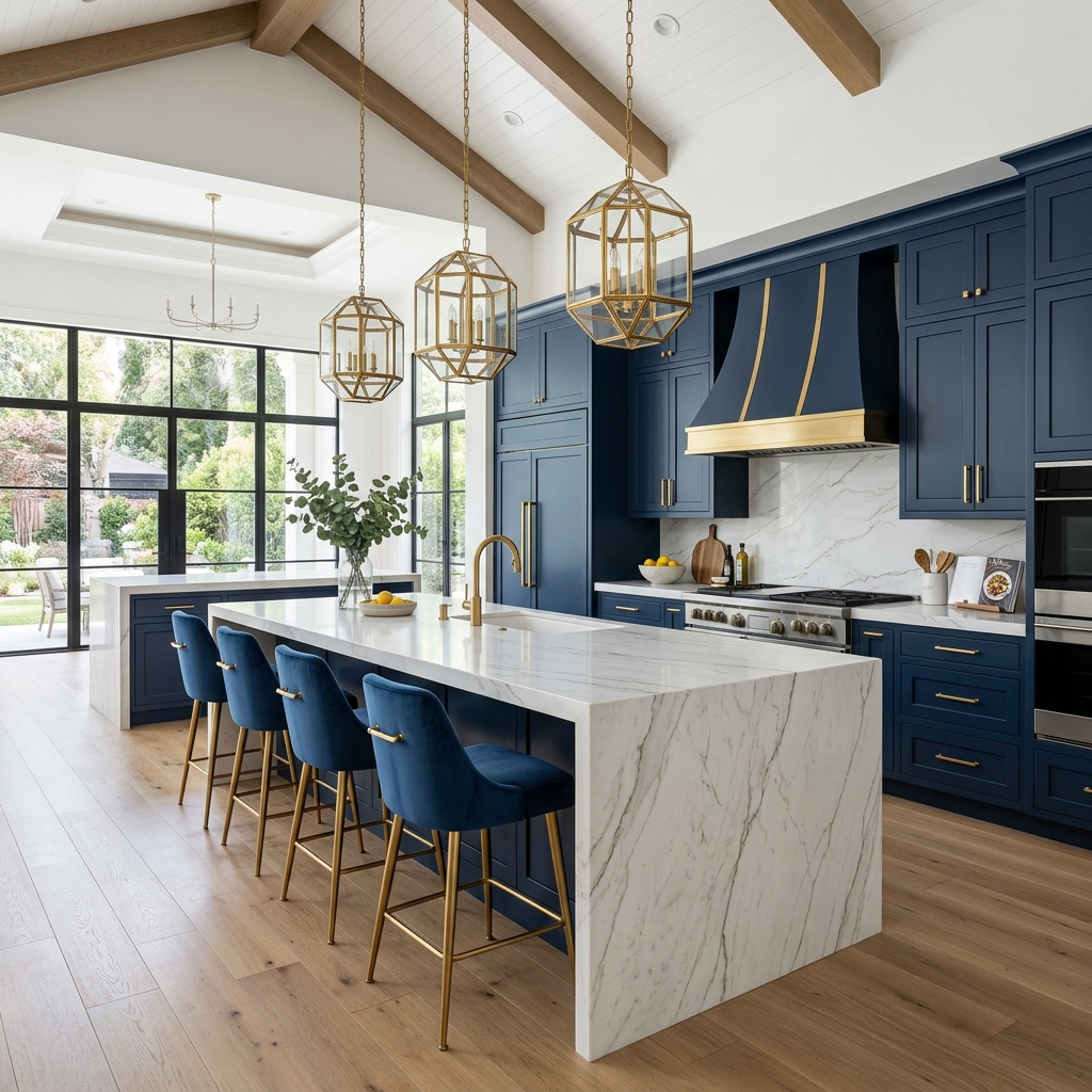 Cuisine moderne bleu marine avec îlot en marbre